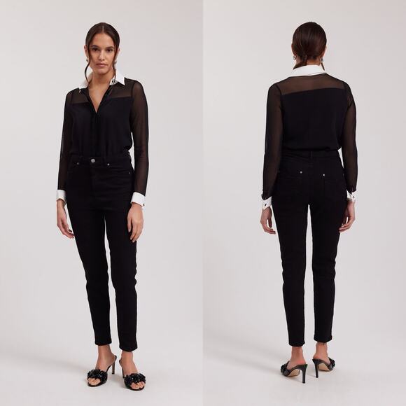 Anne Fontaine Sheryl Mesh Button Down Shirt Black White Size 6 EUC - Picture 2 of 9